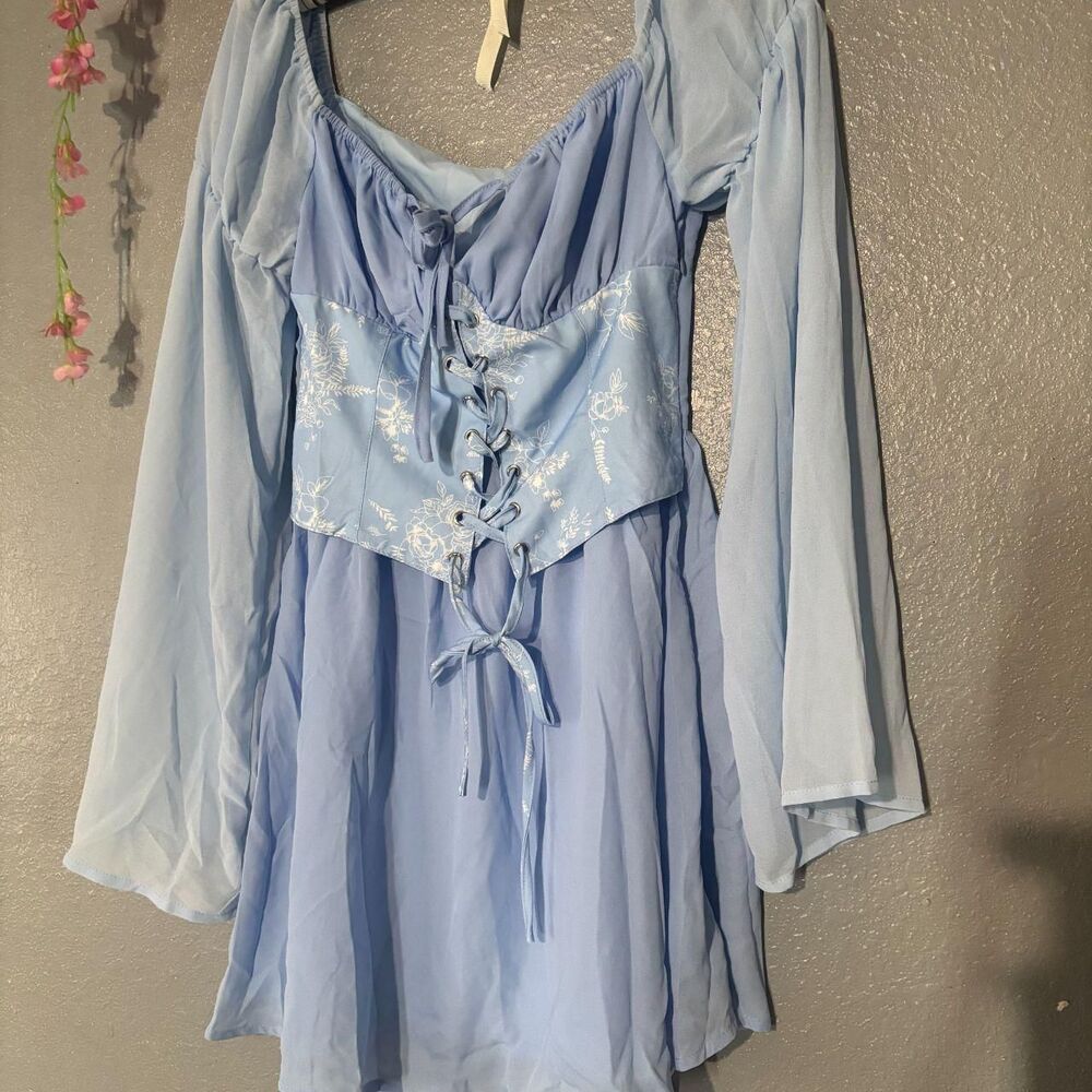 Light Blue Corset Mini Dress XS Floral Embroidered Lace Bell Sleeve Cottagecore - Picture 4 of 6